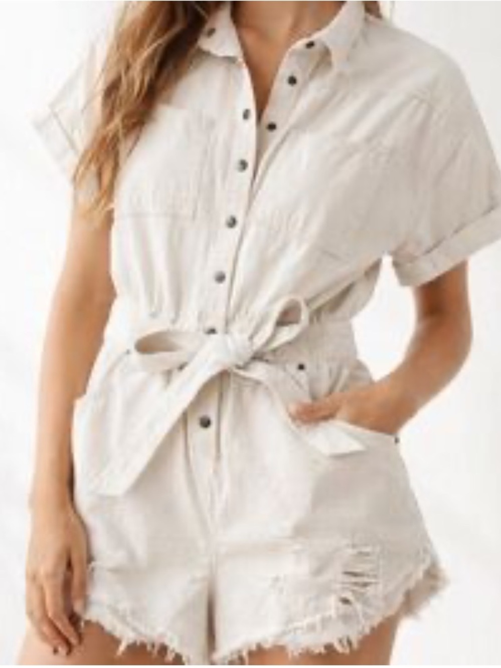 BDG Urban Outfitters Devin Distressed Denim Cream Romper | L
